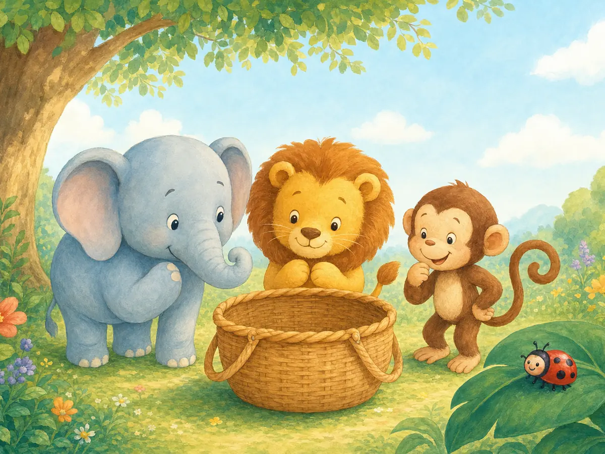 Elephant, Lion, and Monkey looking into a picnic basket beneath a leafy tree